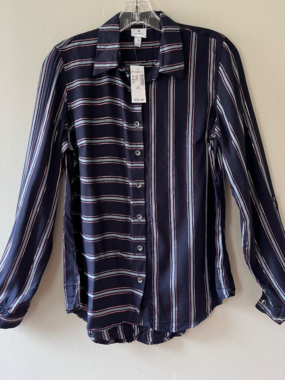 Dressbarn Sz XS Womens Navy Blue Metallic Striped Button Down Shirt Roll Tab Sly